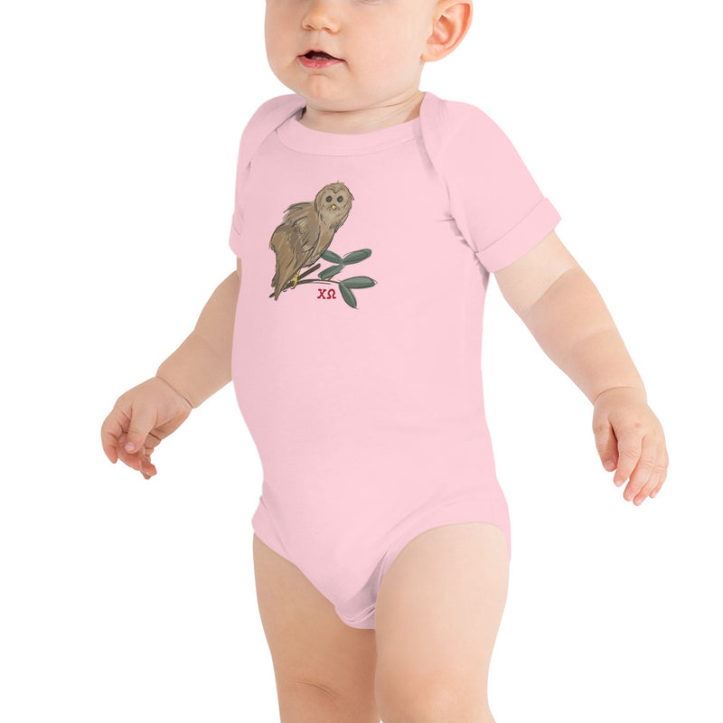 Chi Omega Owl Mascot Baby Onesie in pink