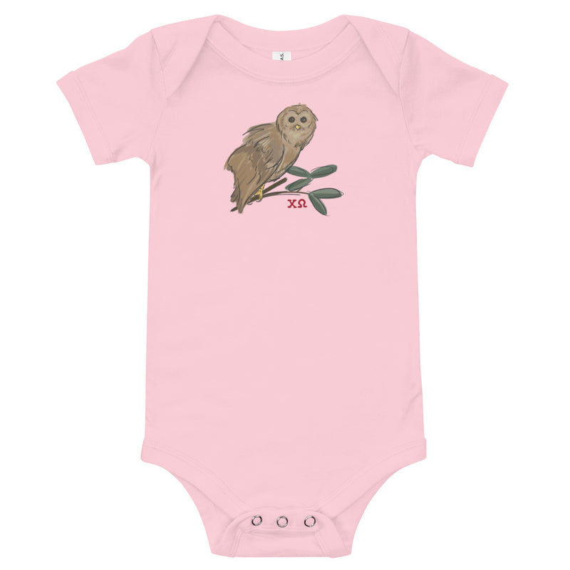 Chi Omega Owl Mascot Baby Onesie in pink shown flat