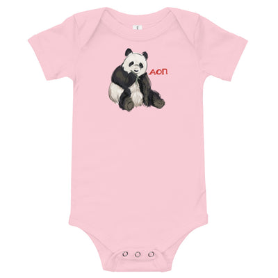 Alpha Omicron Pi Panda Baby Onesie shown flat in pink