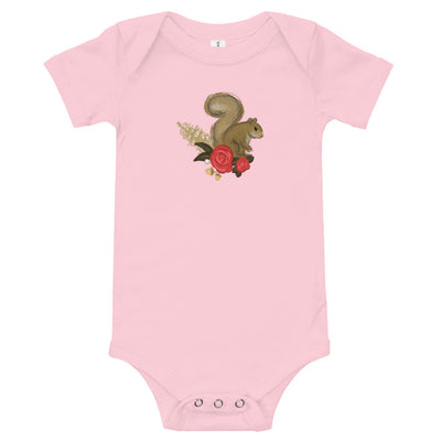 Alpha Gamma Delta Squirrel Baby Onesie shown in pink