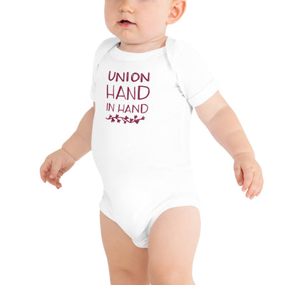 Alpha Phi Union Hand in Hand Baby Onesie in white