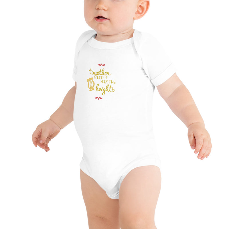 Alpha Chi Omega Together Let Us Seek The Heights Baby Onesie in white
