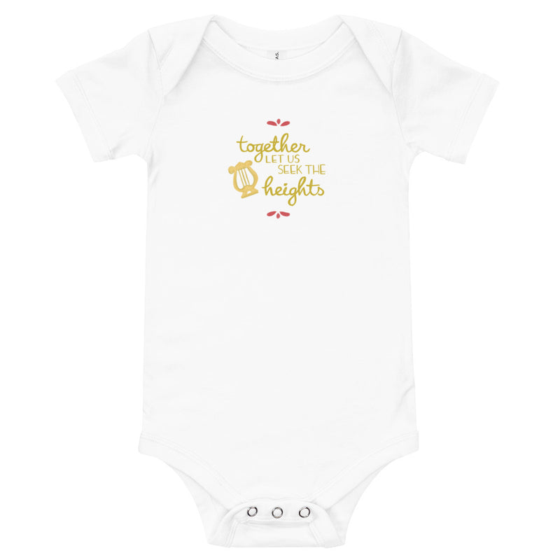Alpha Chi Omega Together Let Us Seek The Heights Baby Onesie in white shown laying flat