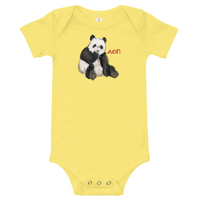 Alpha Omicron Pi Panda Baby Onesie in yellow shown flat