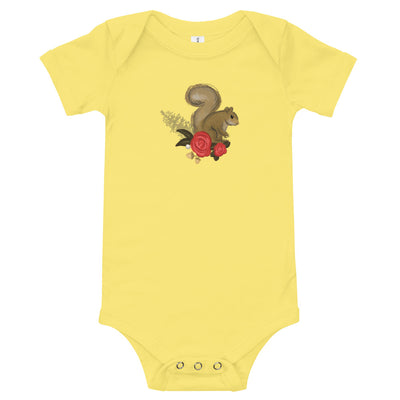 Alpha Gamma Delta Squirrel Baby Onesie shown in yellow