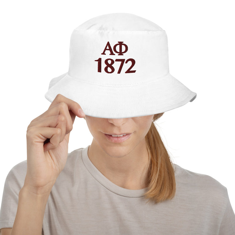 Alpha Phi White Bucket Hat with Greek Letters and 1872 Founding Date in Burgundy Embroidered Thread