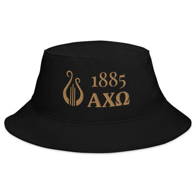 Alpha Chi Omega 1885 Greek Letters and Lyre Bucket Hat in black with gold embroidery shown in full view