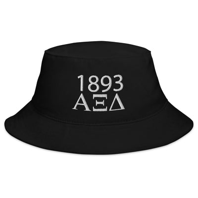 Alpha Xi Delta 1893 Founding Date Bucket Hat shown in black with white thread