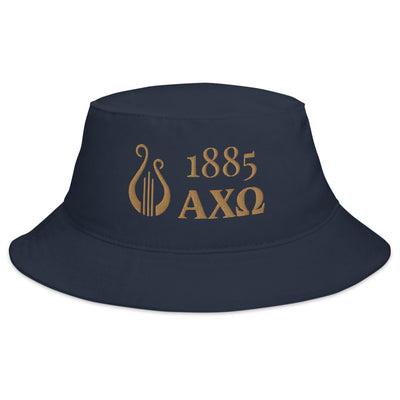 Alpha Chi Omega 1885 Greek Letters and Lyre Bucket Hat in Navy blue with gold embroidery