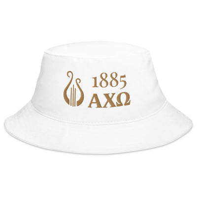 Alpha Chi Omega 1885 Greek Letters and Lyre Bucket Hat in white with gold embroidery shown in full view