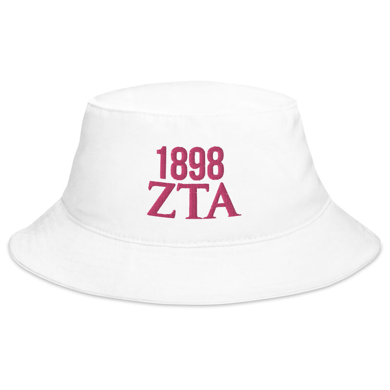Zeta Tau Alpha 1898 Founding Year Embroidered Bucket Hat in white