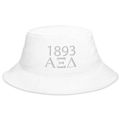 Alpha Xi Delta 1893 Founding Date Bucket Hat shown in white with silver thread