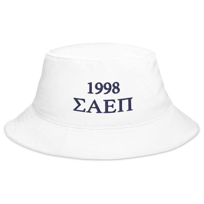 Sigma Alpha Epsilon Pi 1998 Bucket Hat in white with dark blue embroidery