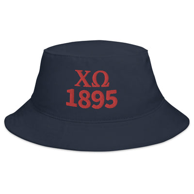 Chi Omega Sorority Bucket Hat in Navy with red Chi O letters in Navy blue