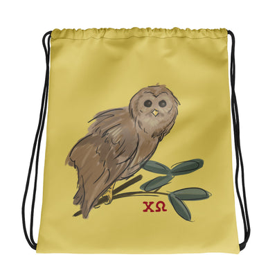 Chi Omega Owl Drawstring Bag shown flat in straw gold color with artist-drawn Owl mascot design 