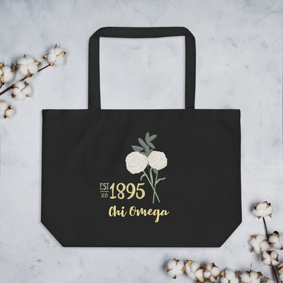 Chi Omega 1895 Founders Day Large Organic Tote Bag shown flat with cotton