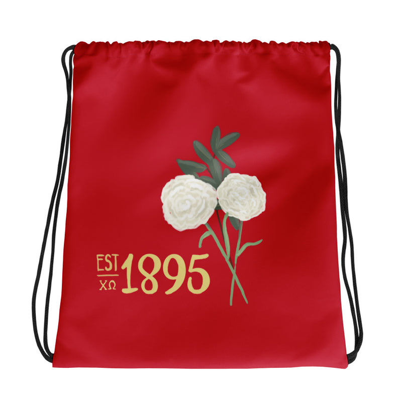 Chi Omega 1895 Drawstring Bag shown flat with 1895 design printed on front