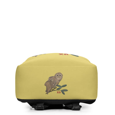 Chi Omega Sorority Backpack showing bottom of bag with owl design