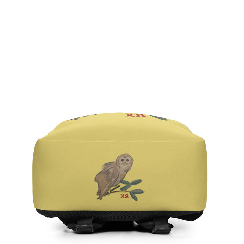 Chi Omega Sorority Backpack showing bottom of bag with owl design