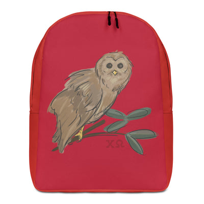 Chi Omega Owl Mascot Backpack showing front of bag with artist-drawn owl design