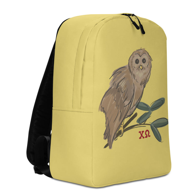 Chi Omega Sorority Backpack showing left side of bag with owl design in straw