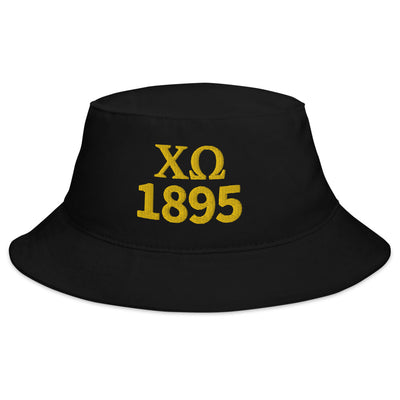 Chi Omega 1895 Founding Date Bucket in black with gold shown flat