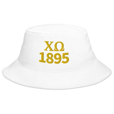 Chi Omega 1895 Founding Date Bucket in white with gold embroidery shown flat