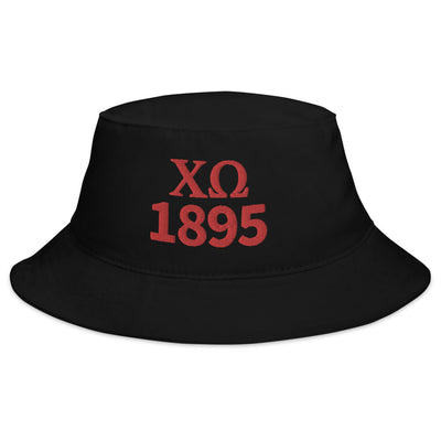 Chi Omega Sorority Bucket Hat in black with red embroidery of Chi O letters and 1895 shown in close up view