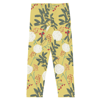 Chi Omega Carnation Floral Print Kid's Leggings, Gold in flat view