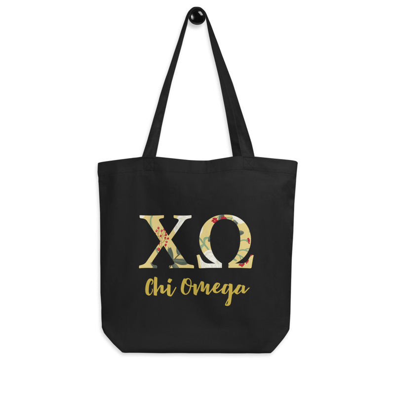 Chi Omega Sorority Tote Bag in black shown hanging on a hook