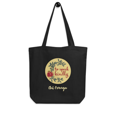 Chi Omega Sorority Tote Bag in black shown hanging on a hook