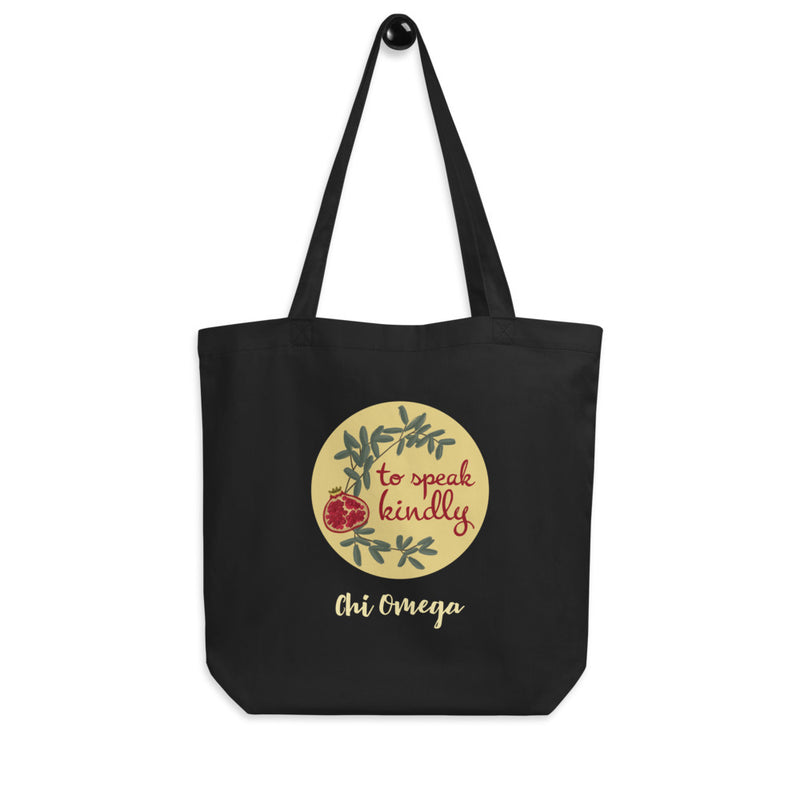 Chi Omega Sorority Tote Bag in black shown hanging on a hook