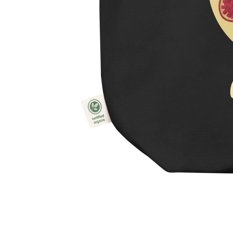 Chi Omega Sorority Tote Bag in black showing certified organic label
