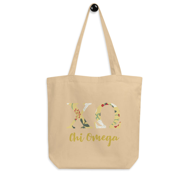 Chi Omega Greek Letters Eco Tote Bag in natural oyster shown on a hook