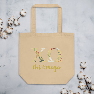 Chi Omega Greek Letters Eco Tote Bag shown flat with cotton