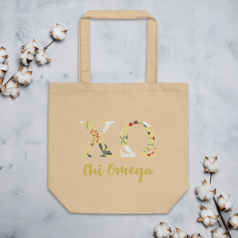 Chi Omega Greek Letters Eco Tote Bag shown flat with cotton