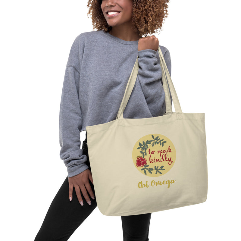 Chi Omega Organic Sorority Tote Bag in natural oyster shown in model&