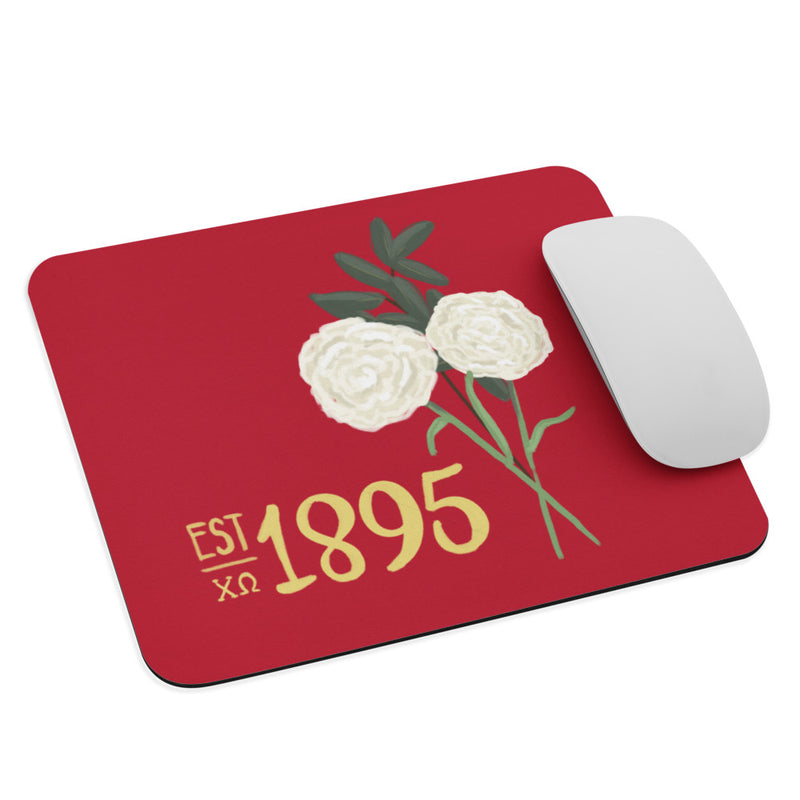 Chi Omega 1895 Mouse Pad shown with a mouse and 1895 design