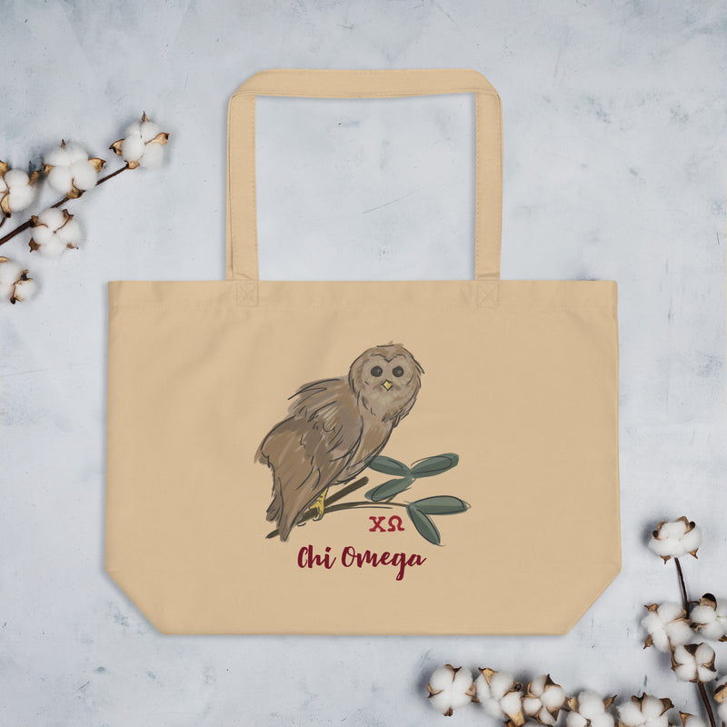 Chi Omega Owl Mascot Large Organic Eco Tote Bag in natural oyster shown flat