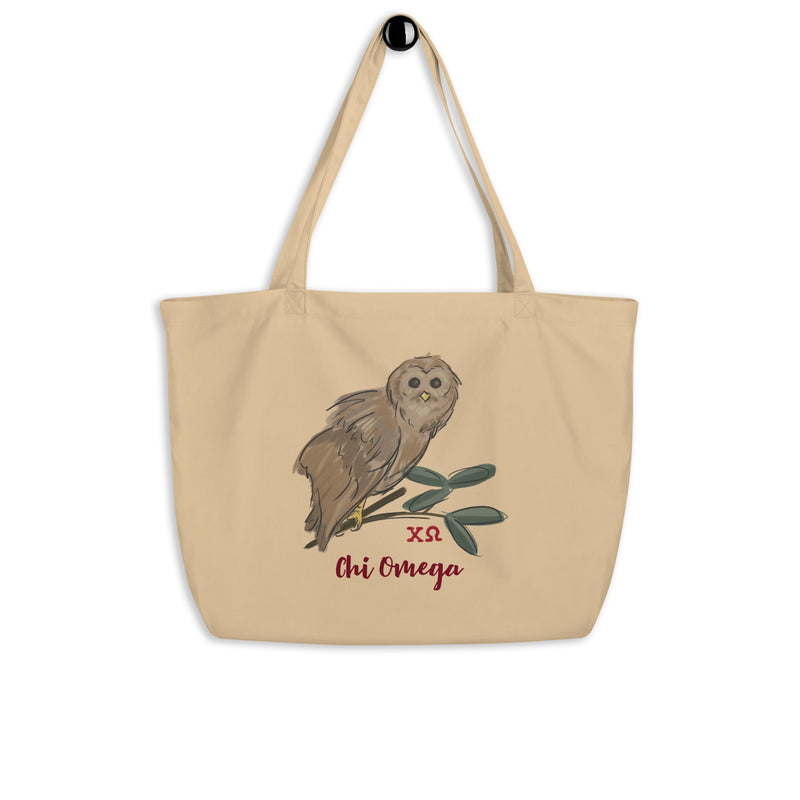 Chi Omega Owl Mascot Large Organic Eco Tote Bag in natural oyster shown on a hook