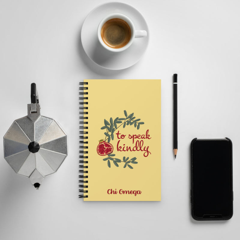 Chi Omega Sorority Notebook with To Speak Kindly phrase shown with coffee