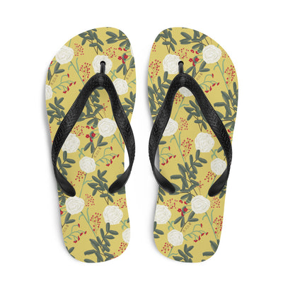 Chi Omega Sorority Flip-Flops in gold floral print shown  in top view