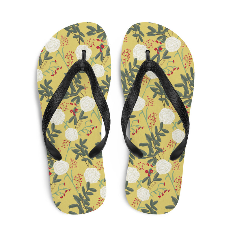 Chi Omega Sorority Flip-Flops in gold floral print shown  in top view