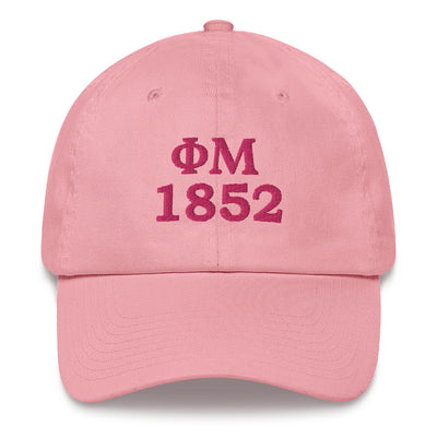 Phi Mu 1852 Founding Date Baseball Hat in pink showing pink embroidery