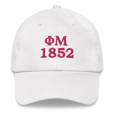Phi Mu 1852 Founding Date Baseball Hat in white with pink embroidery