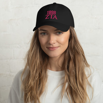 Zeta Tau Alpha 1898 Founding Year Baseball Hat with Pink Embroidery in black