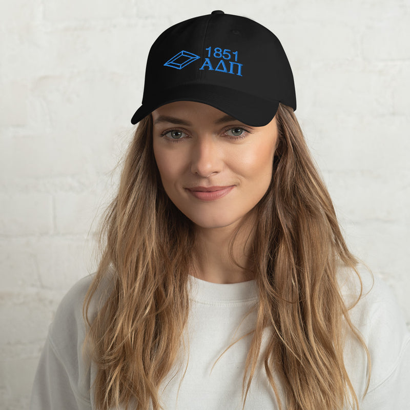 Our Alpha Delta Pi 1851 dad hat featured in black with blue embroidery.