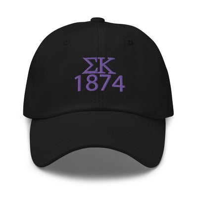 Sigma Kappa 1874 Embroidered Baseball Cap in black with purple embroidery