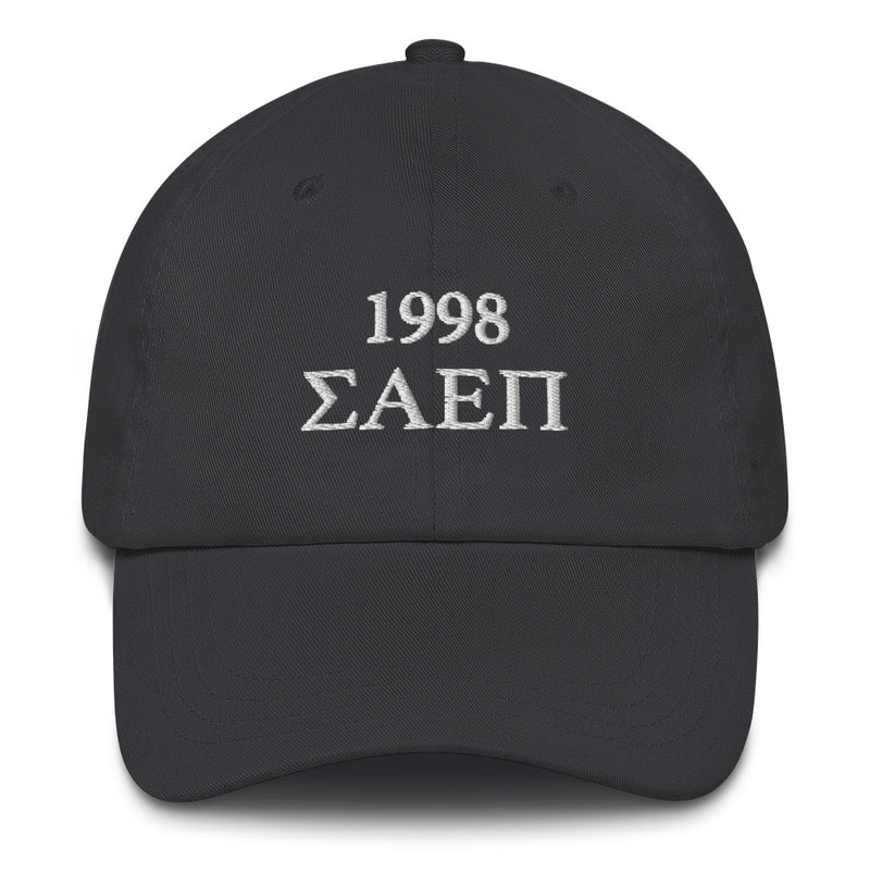 Sigma Alpha Epsilon Pi 1998 Baseball Hat in dark gray with white embroidery