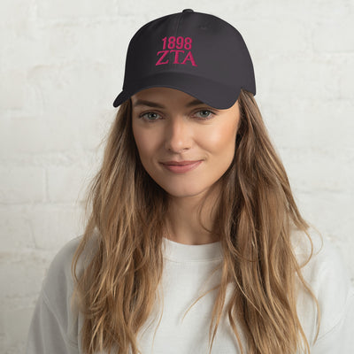 Zeta Tau Alpha 1898 Founding Year Baseball Hat with Pink Embroidery in dark gray